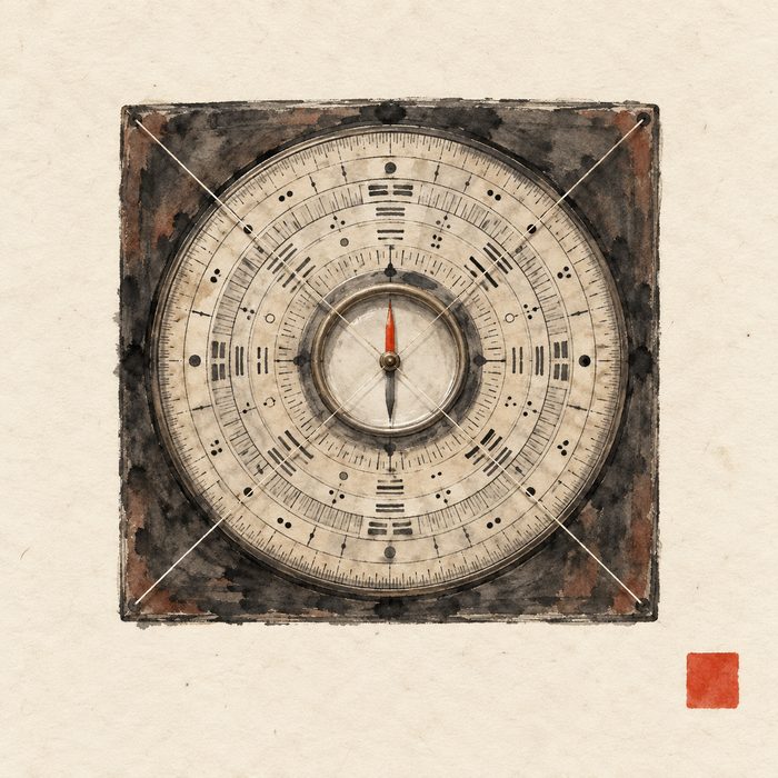 A luopan — a Chinese geomancer’s compass, concentric rings on a square base — painted in ink wash