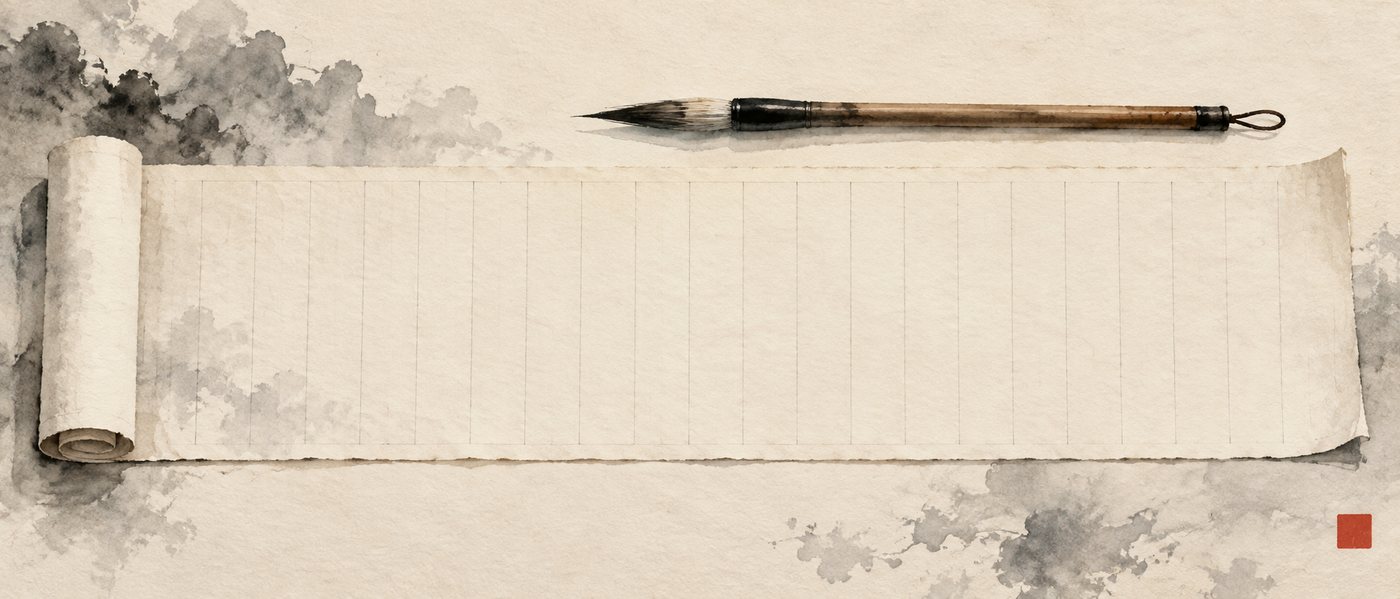 An unrolled sheet of ruled paper with a brush laid above it, painted in ink wash